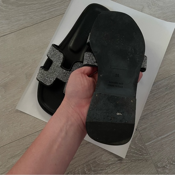 Hermes Noir Oran Goatskin Crystal Detail Sandal - Picture 8 of 13